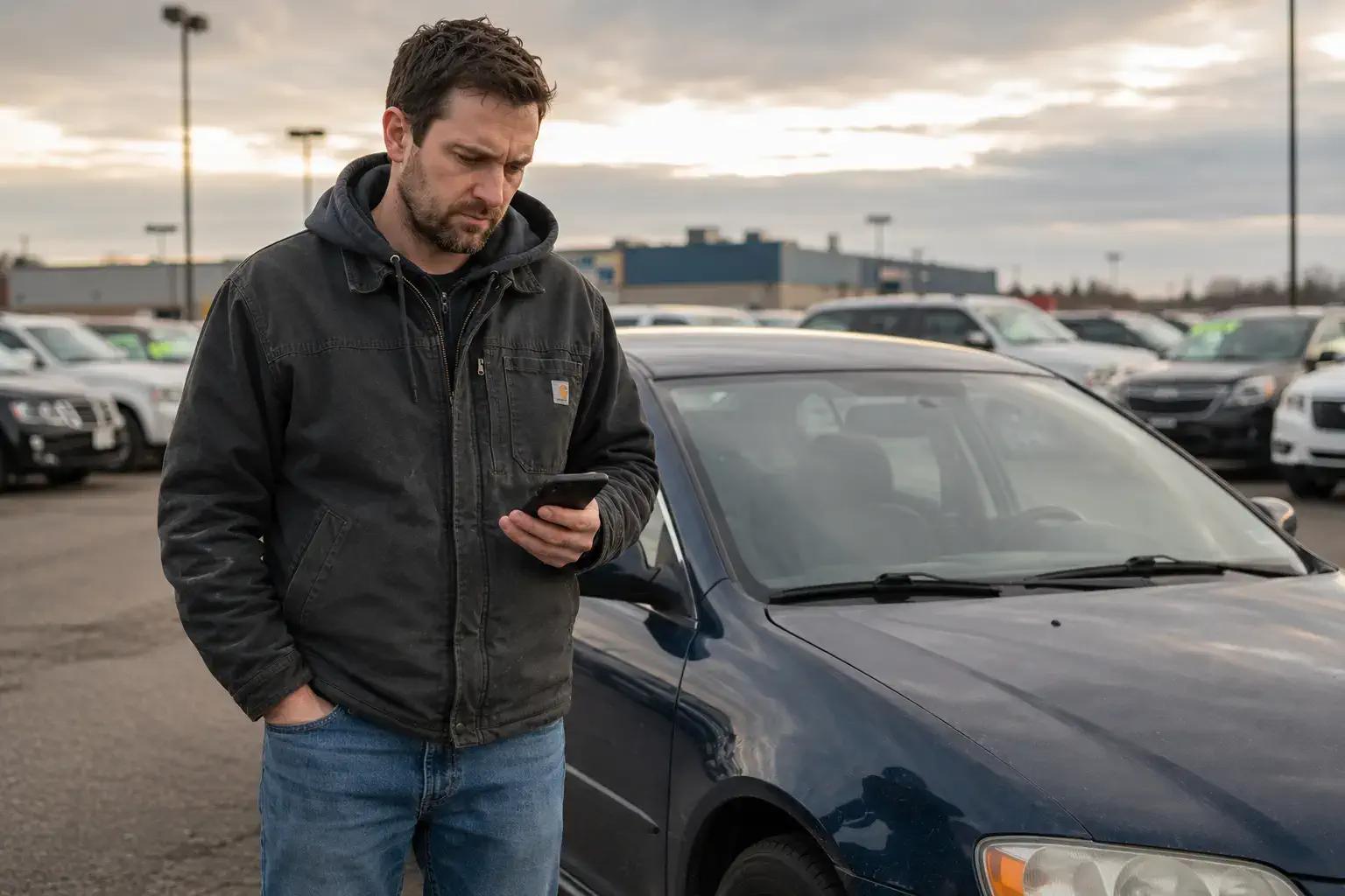 Homme en manteau de travail consultant son téléphone d'un air préoccupé, debout près de sa voiture dans la cour d'un concessionnaire