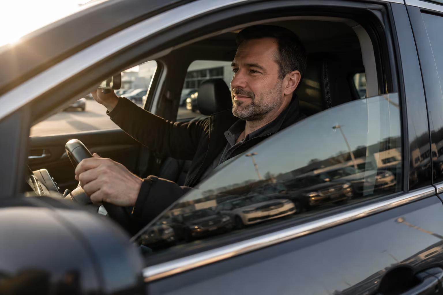 Client installé au volant de son nouveau véhicule d'occasion, ajustant son rétroviseur avant de quitter le concessionnaire