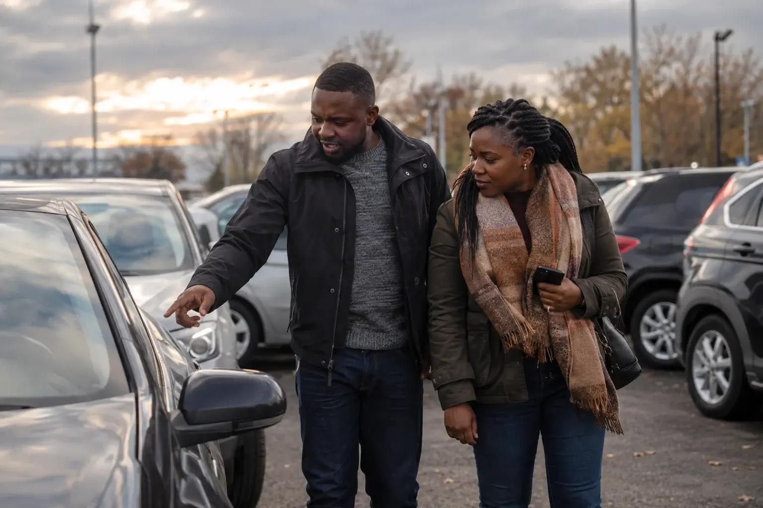 Couple de nouveaux arrivants marchant entre les rangées d'un concessionnaire, l'homme pointant un véhicule d'occasion, la femme tenant son téléphone