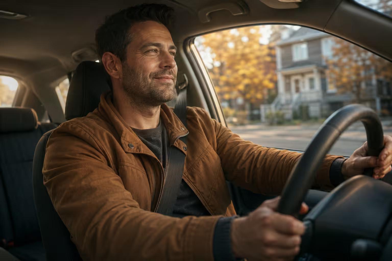 Homme souriant au volant de sa voiture dans un quartier résidentiel en automne — financement auto 2e chance chez Crédit Leroux