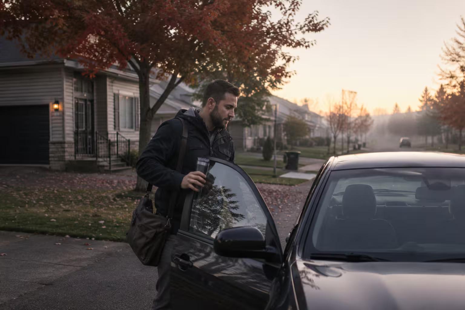 Homme avec sac de travail et tasse de café ouvrant la portière de son véhicule dans une entrée résidentielle à l'aube, en automne
