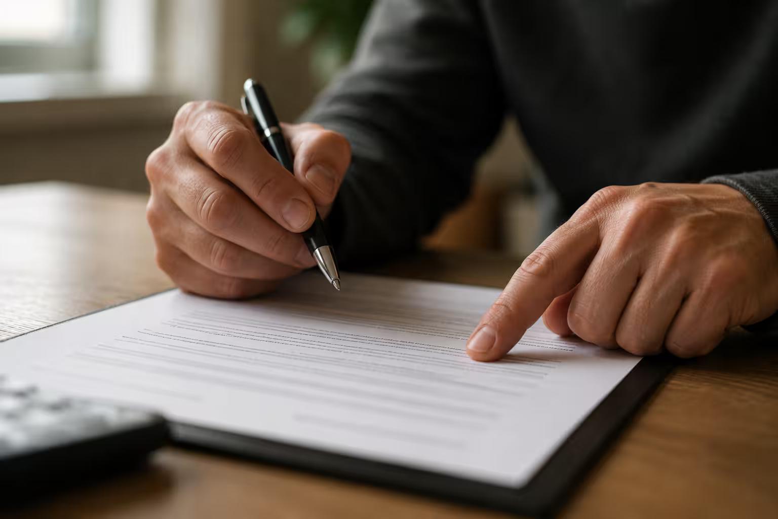Mains d'un client tenant un stylo au-dessus d'un contrat de financement automobile, index posé sur une ligne du document qu'il relit