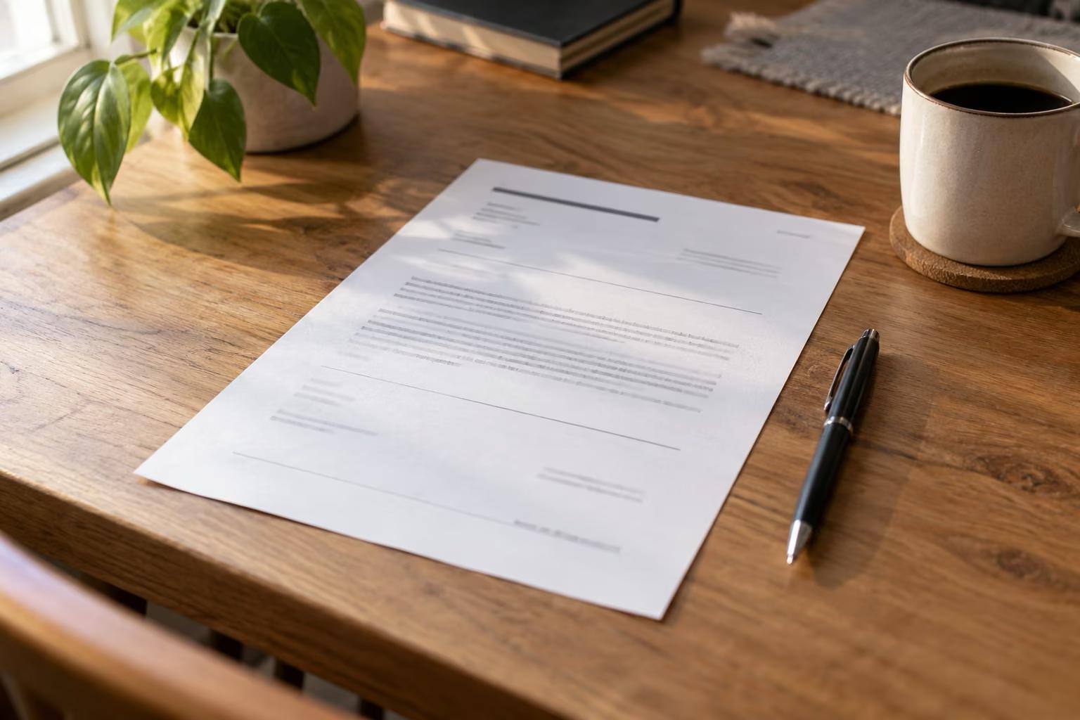 Document officiel posé sur une table en bois avec un stylo et une tasse de café, éclairé par la lumière du matin