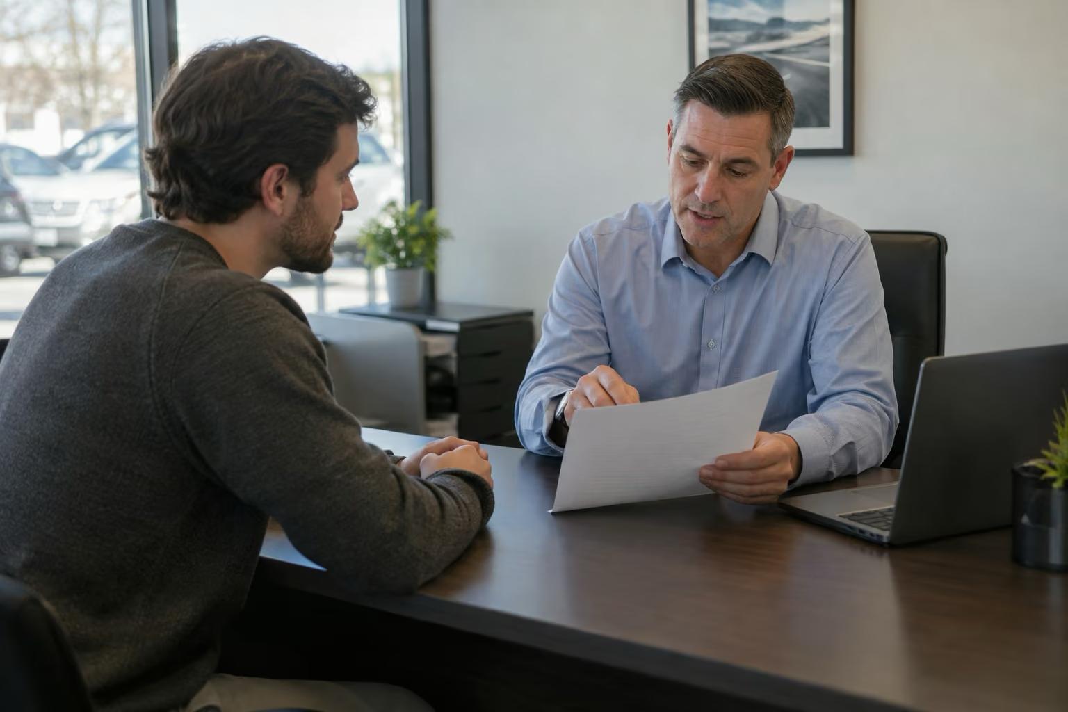 Conseiller en financement automobile examinant un document de financement avec un client attentif, dans un bureau de concessionnaire