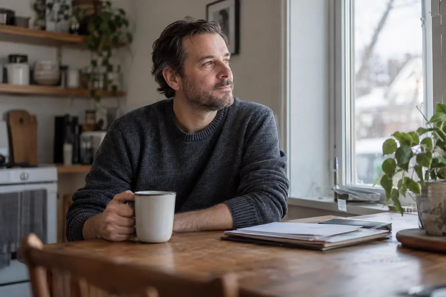Homme assis à sa table de cuisine, tasse de café à la main et documents financiers rangés devant lui, regardant par la fenêtre d'un air posé
