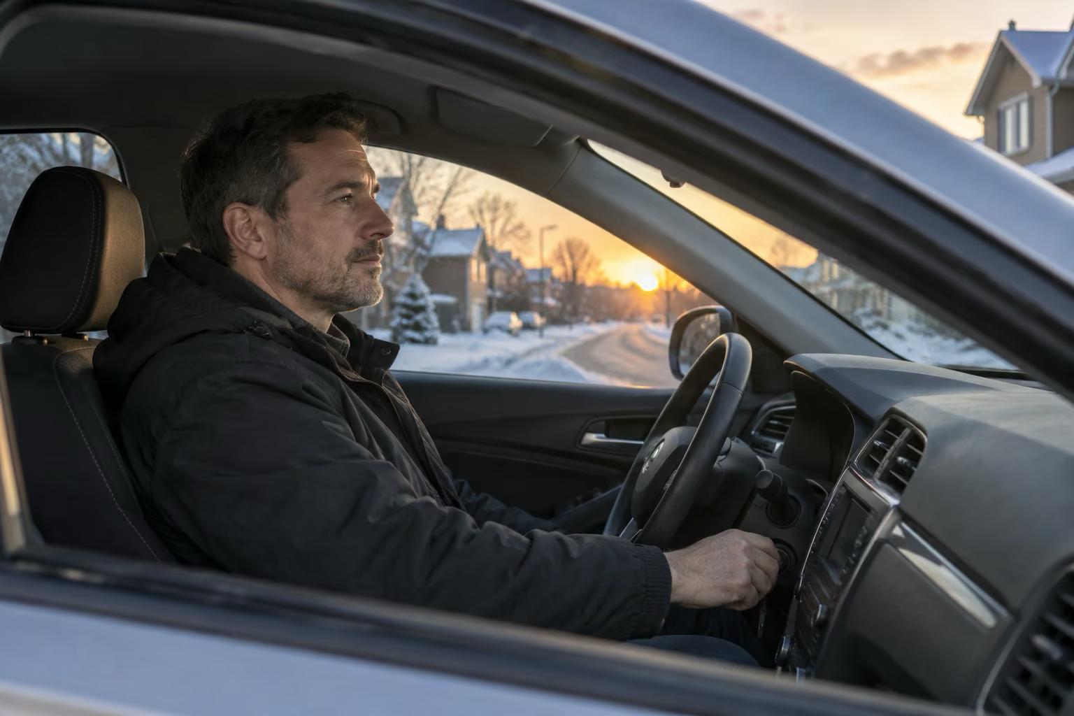 Homme installé au volant de son véhicule au lever du soleil, dans une rue résidentielle enneigée, s'apprêtant à démarrer