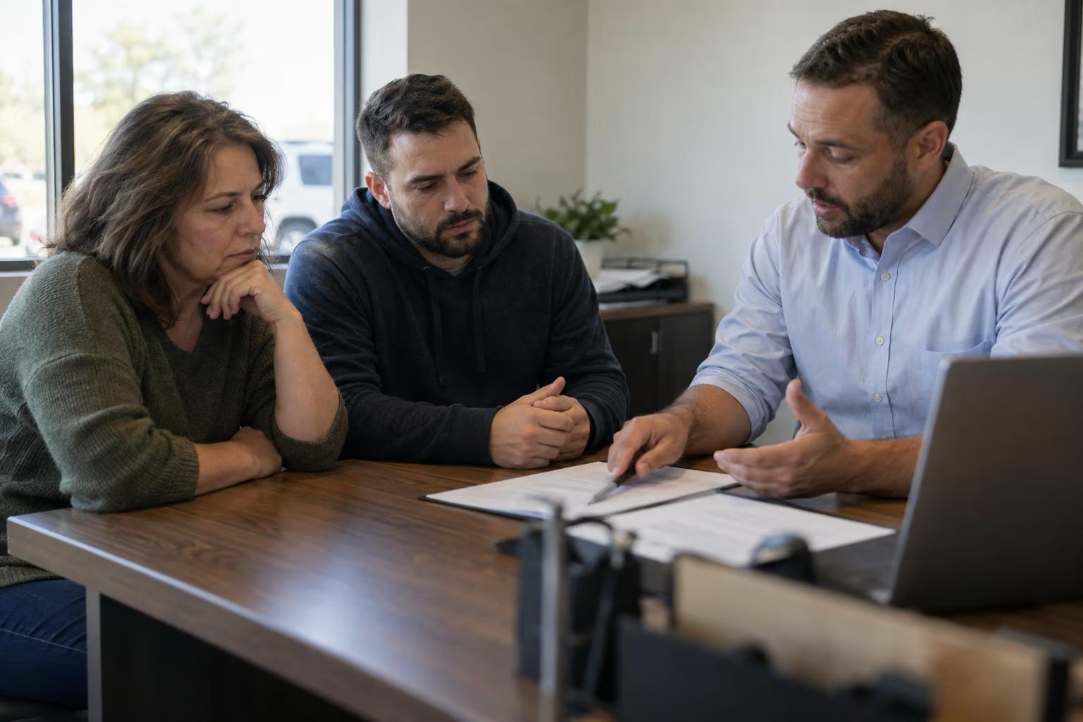 Conseiller en financement pointant une clause du contrat pour l'expliquer à deux clients assis côte à côte, attentifs