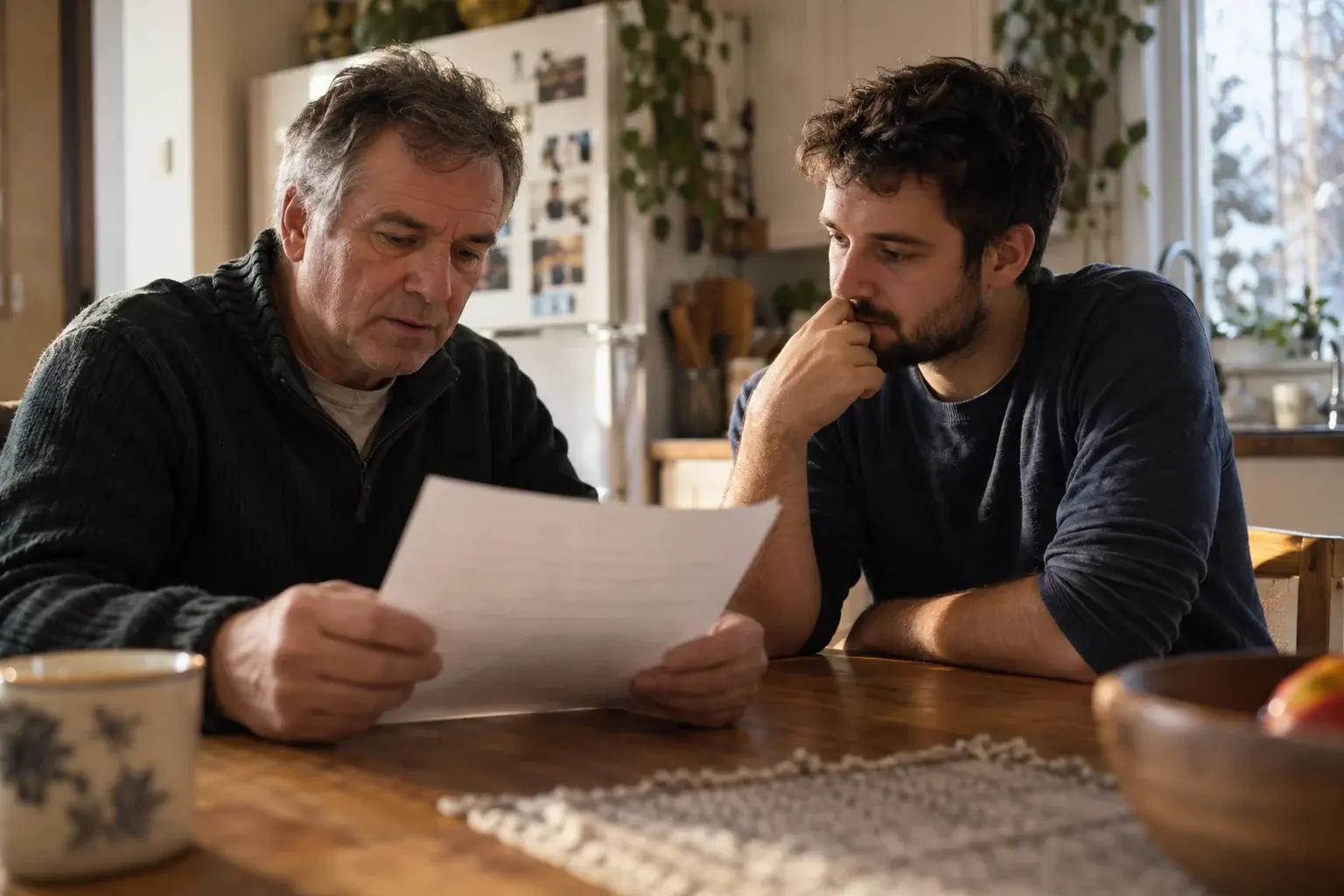 Père lisant attentivement un document de financement automobile pendant que son fils adulte, assis à côté de lui, attend sa réaction