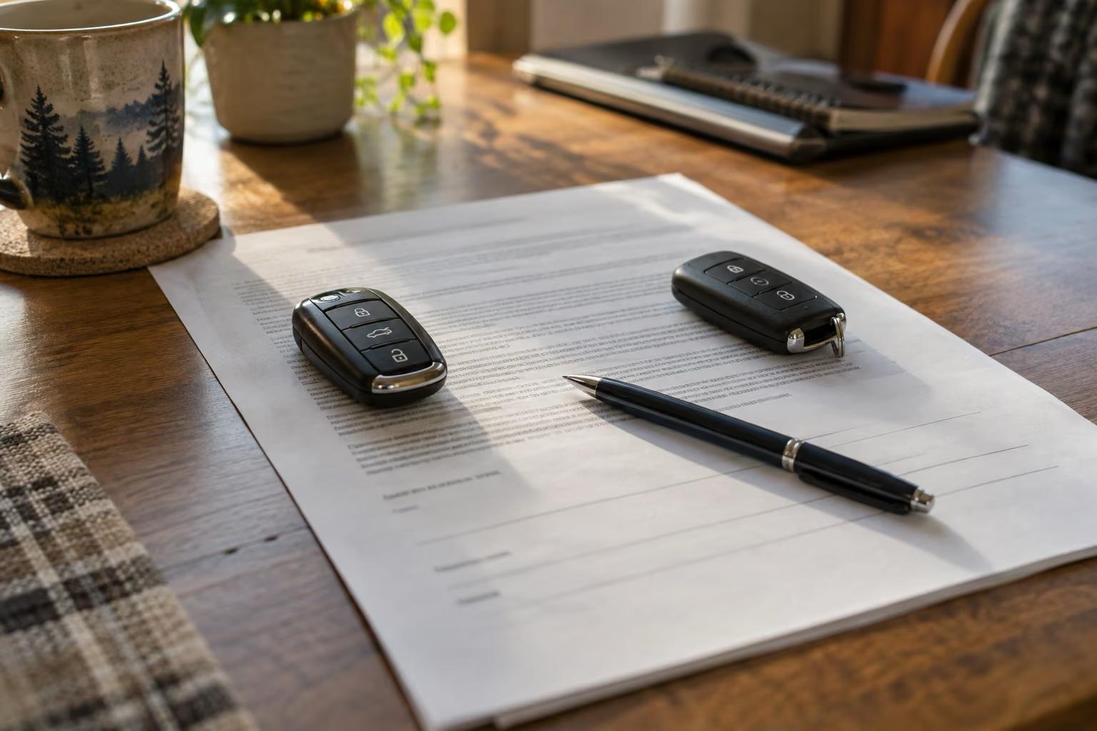 Deux porte-clés de voiture distincts posés sur un même contrat de financement, avec un stylo, sur une table de bois