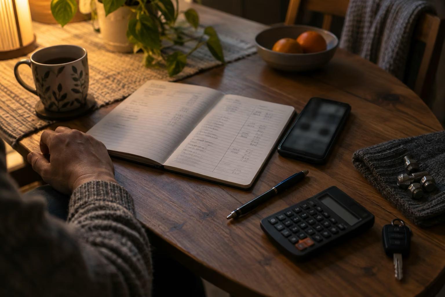 Carnet de budget manuscrit ouvert sur une table avec une calculatrice, un téléphone, des clés de voiture et des écrous de roue, le soir