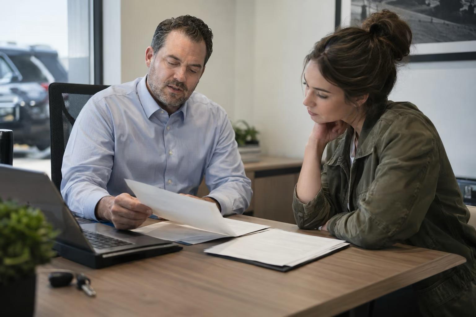 Conseiller en financement tournant un document vers une jeune cliente pour qu'elle le lise elle-même, dans un bureau de concessionnaire