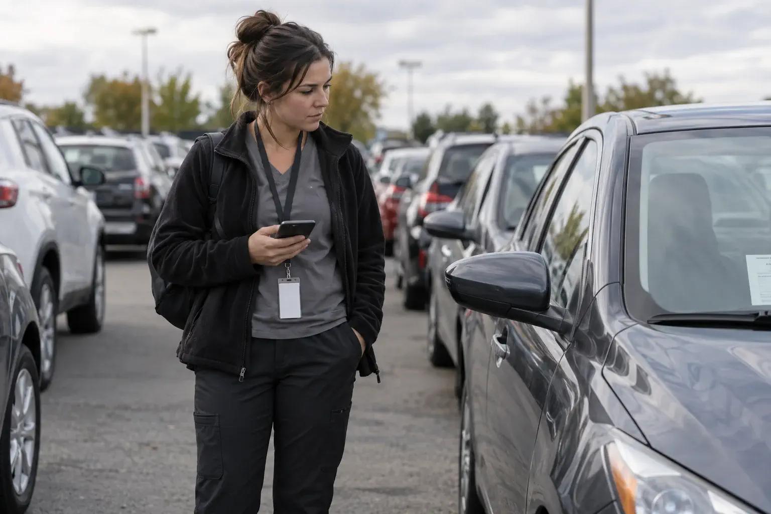 Jeune travailleuse avec badge d'employée et sac à dos consultant son téléphone en marchant entre les rangées de véhicules d'occasion d'un concessionnaire