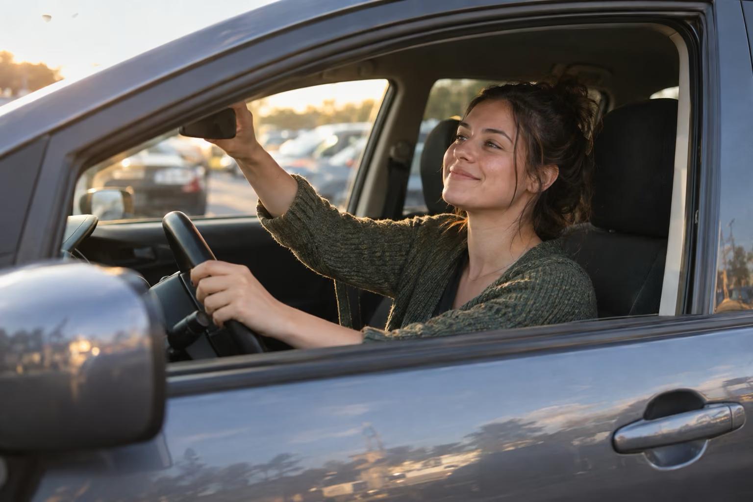 Jeune conductrice souriante installée au volant de sa première voiture d'occasion, ajustant son rétroviseur dans la cour d'un concessionnaire