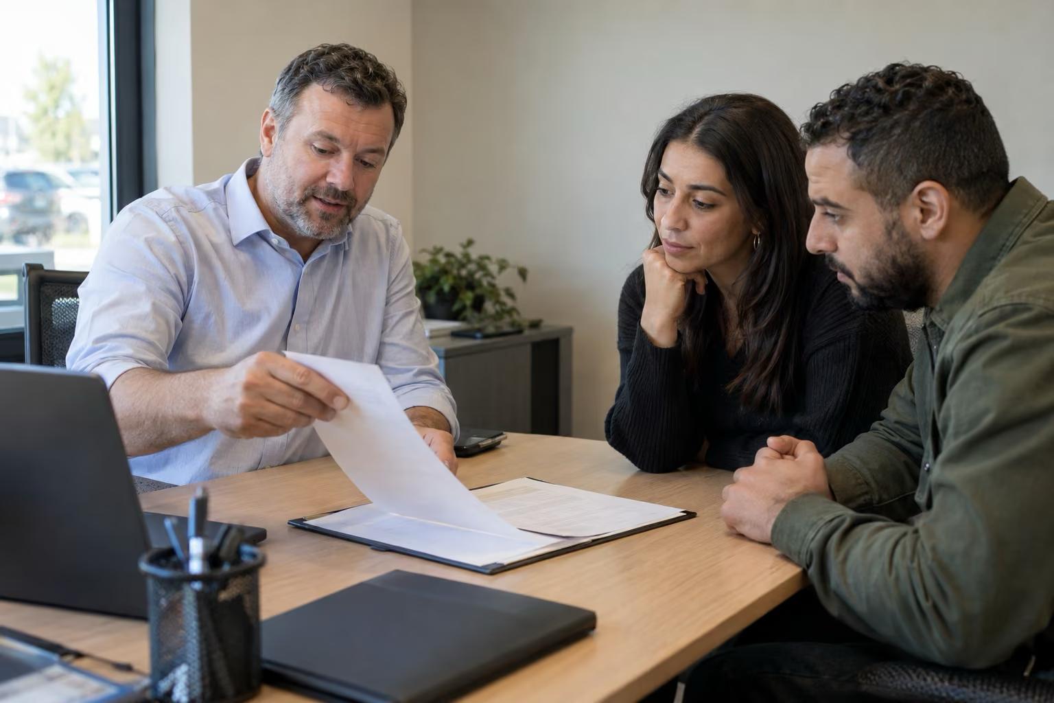 Conseiller en financement tournant une page du contrat vers un couple de nouveaux arrivants pour la leur expliquer, dans un bureau de concessionnaire