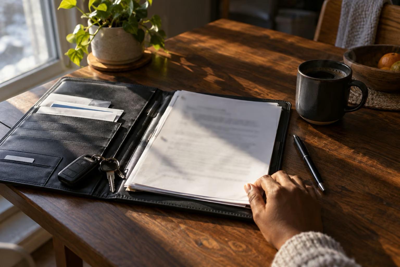 Porte-document en cuir ouvert sur une table de cuisine avec des papiers, des clés de voiture, un stylo et une tasse de café, dans la lumière du matin d'hiver