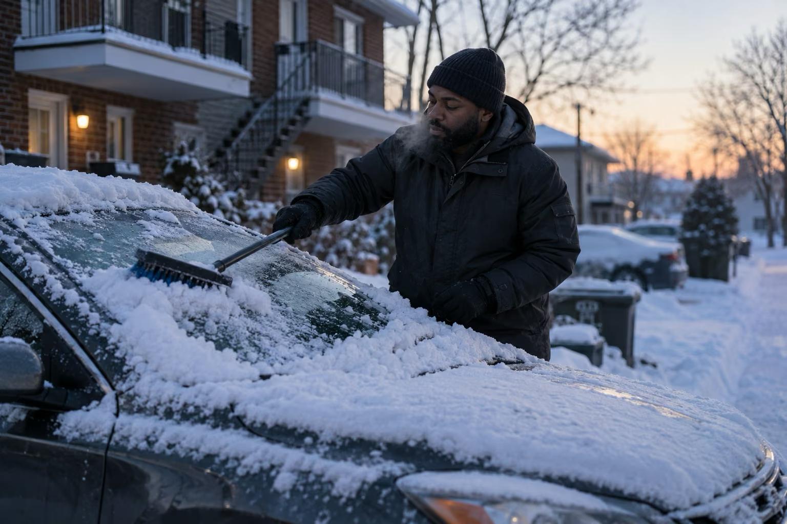 Homme déneigeant le pare-brise de sa berline à la brosse devant un duplex québécois, à l'aube par temps très froid