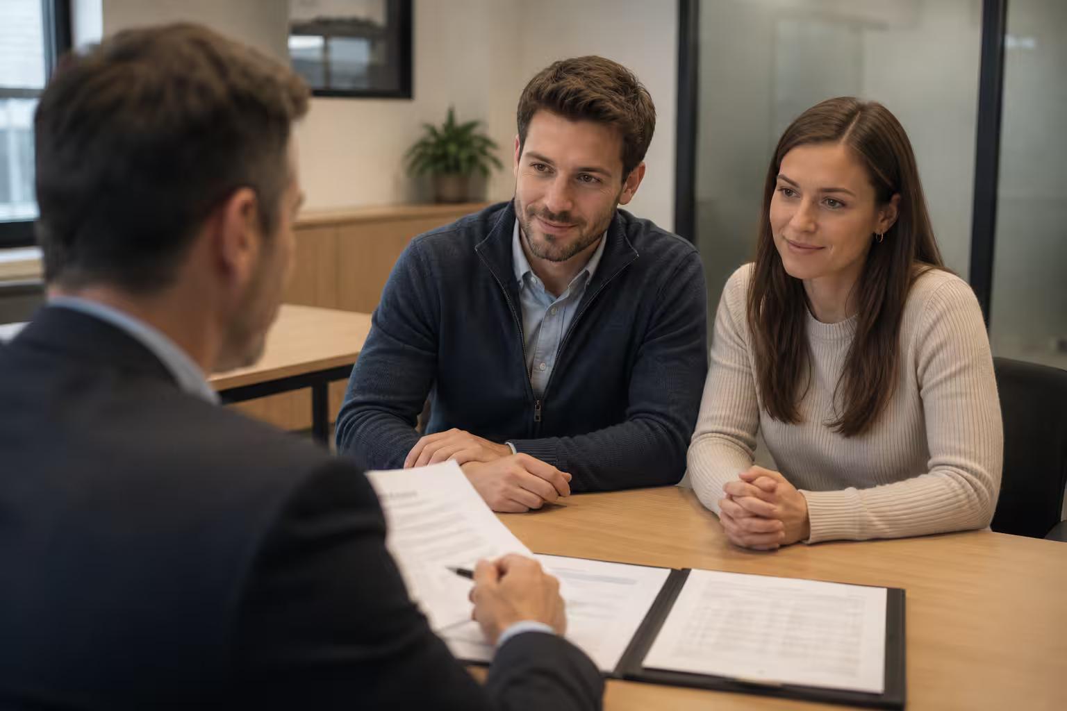 Conseiller en financement spécialisé expliquant les options de crédit auto 2e chance à un couple dans un bureau moderne