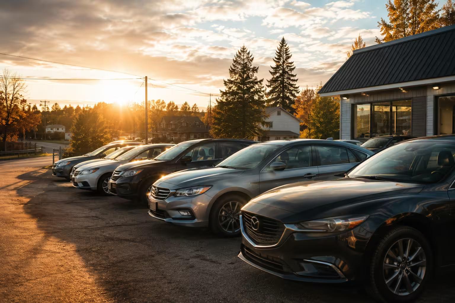 Inventaire de véhicules d'occasion au coucher du soleil dans un concessionnaire automobile — financement 2e chance disponible chez Crédit Leroux