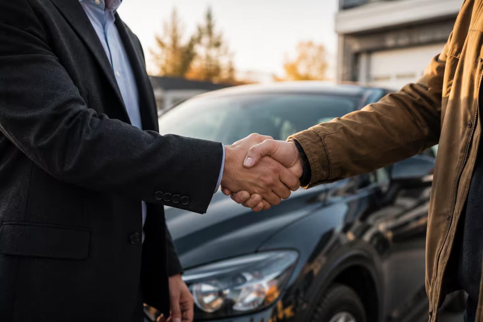 Poignée de main entre un conseiller Crédit Leroux et un client devant un véhicule d'occasion — financement 2e chance approuvé